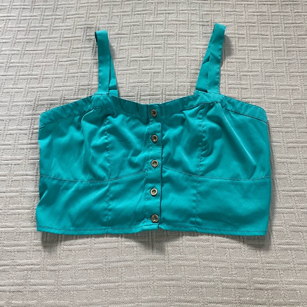 Fashion Web turquoise corset crop top.